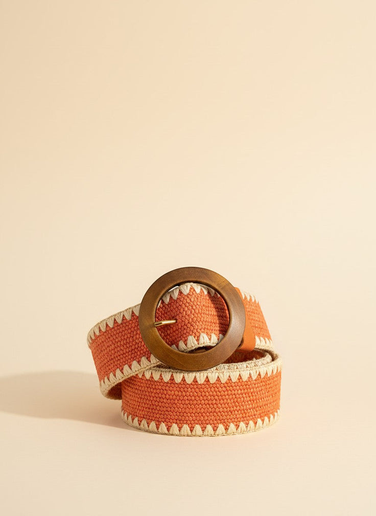 André orange woven paper belt with wooden buckle and contrasting trim, perfect for summer outfits.