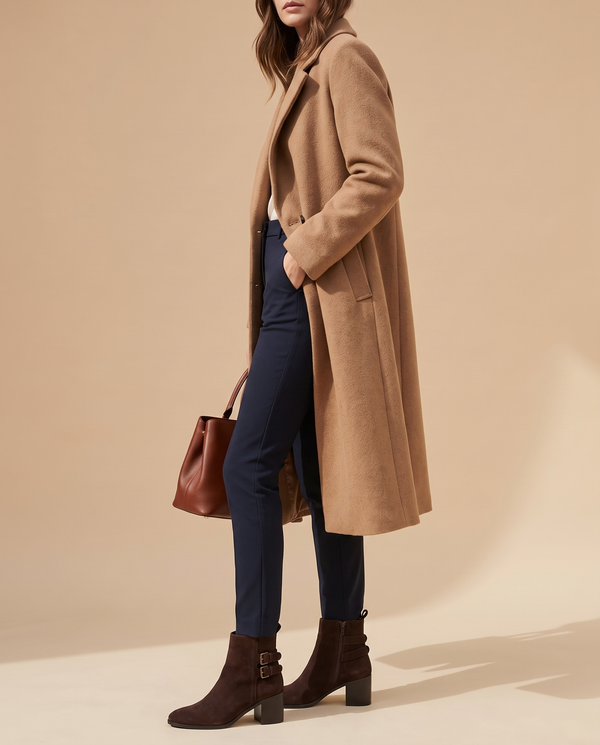 Boots OLIA marron portées, silhouette complète