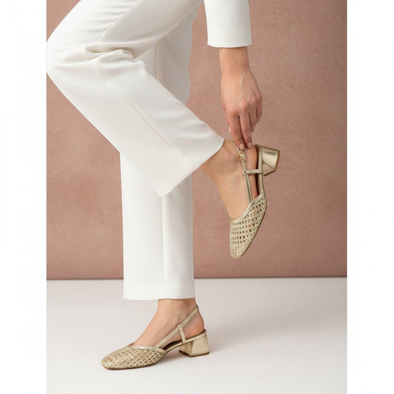 André OTILIA OR gold woven slingback sandals with a block heel and adjustable ankle strap.