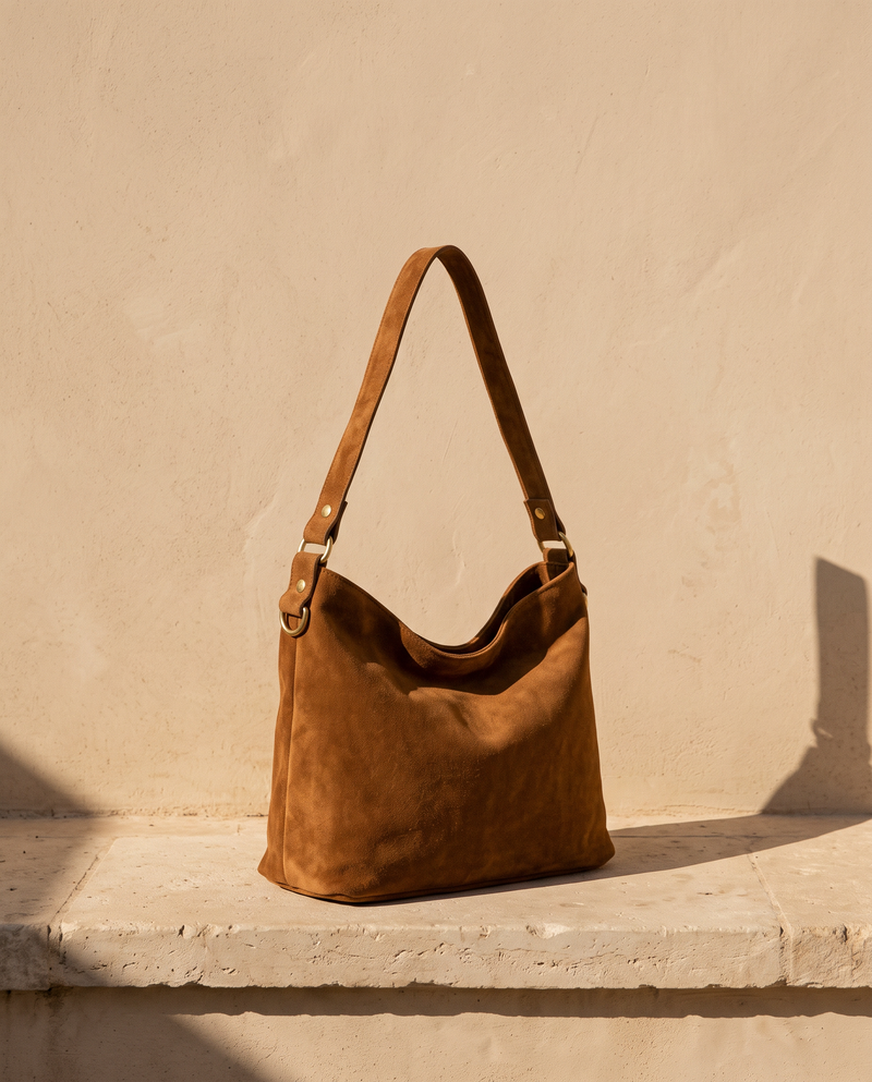 Sac PERRINE cognac Maison André sur une marche en pierre