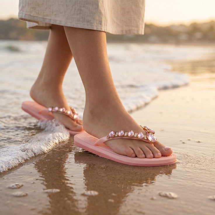 Tongs André Perrine Rose ornées de cristaux roses portées sur le sable au bord de l'eau au coucher du soleil