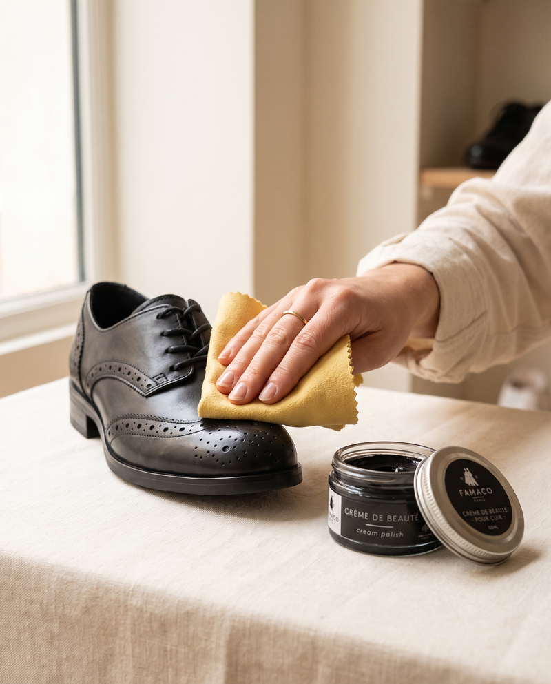 Crème de Beauté Famaco en pommadier en utilisation sur une chaussure André