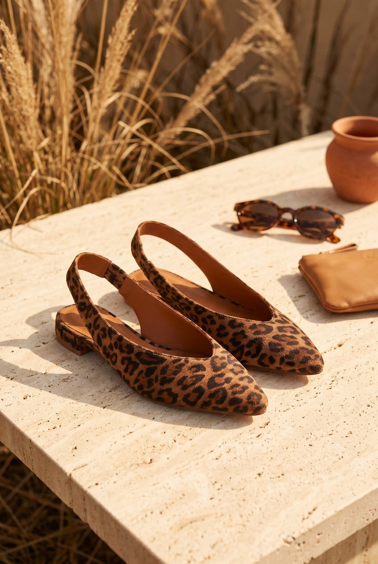 André slingback Rosee Léopard en cuir véritable imprimé léopard marron et noir, bout pointu, talon bas.