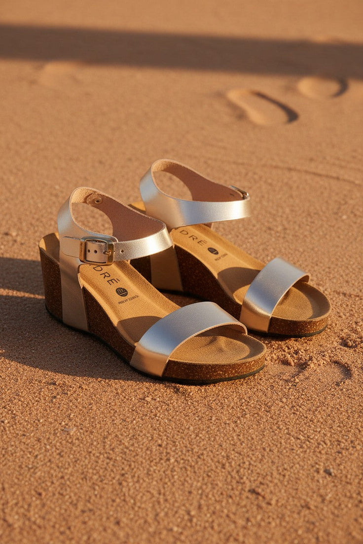 Sandales compensées André en cuir doré avec bride à boucle et talon de 6 cm. Parfaites pour l'été.