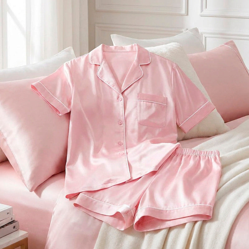 Set de pyjama court en soie - Maëlla Rose clair - Set de pyjama court