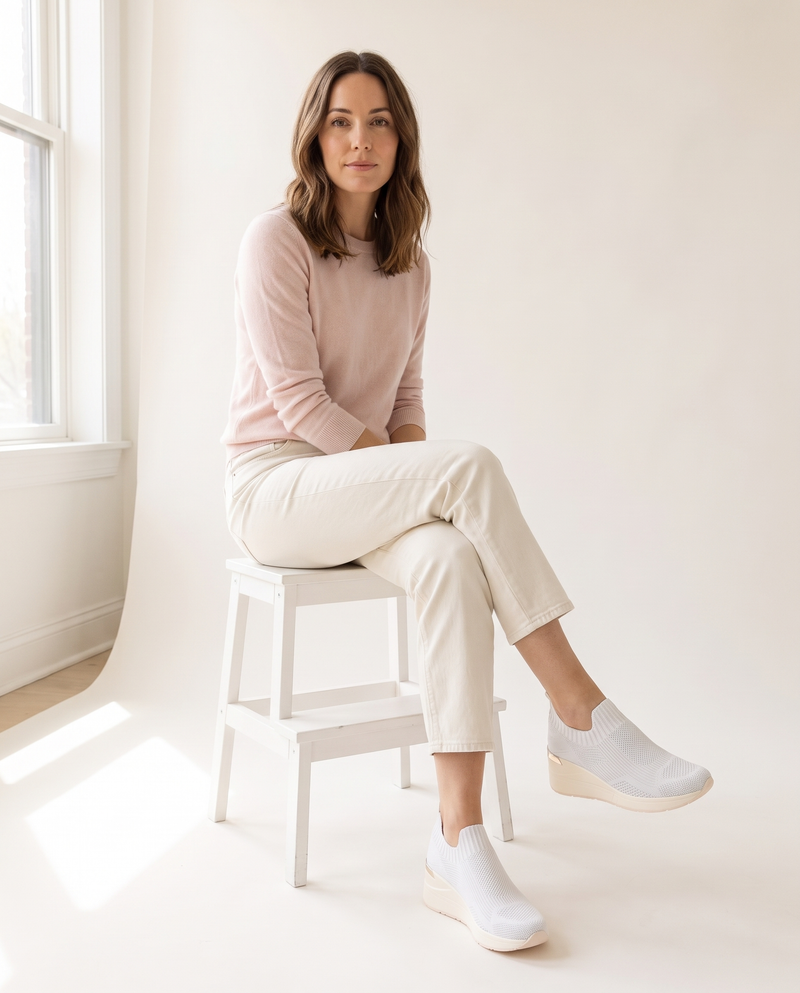 Basket SHAKI blanche portée, femme assise sur un tabouret blanc en studio