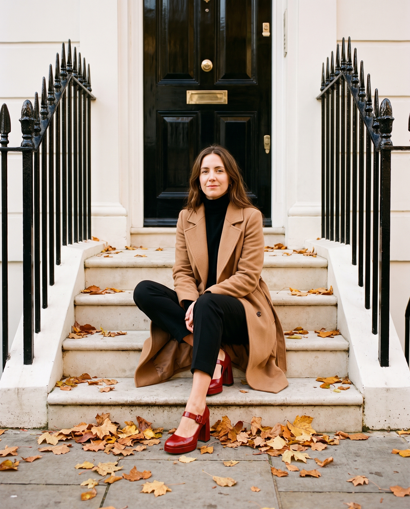 Escarpins SIRIELLE rouges portés, femme assise sur le perron d'une maison londonienne en automne