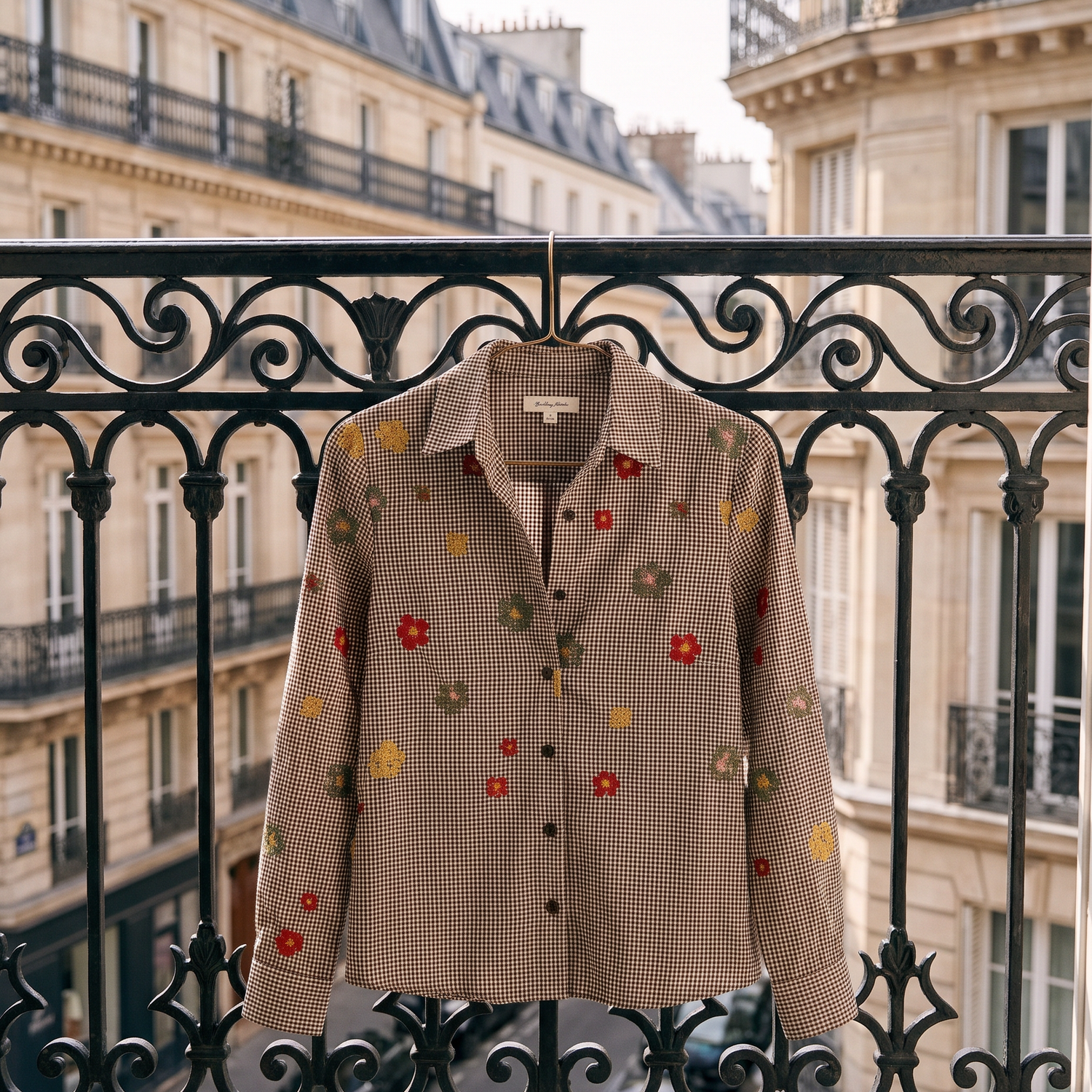 Chemise SIXTINE chocolat suspendue à une grille en fer, rue haussmannienne