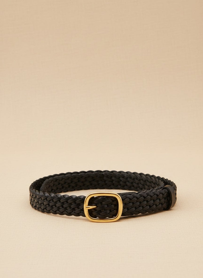 André black woven leather belt with silver buckle. Chic urban style, perfect for everyday wear.
