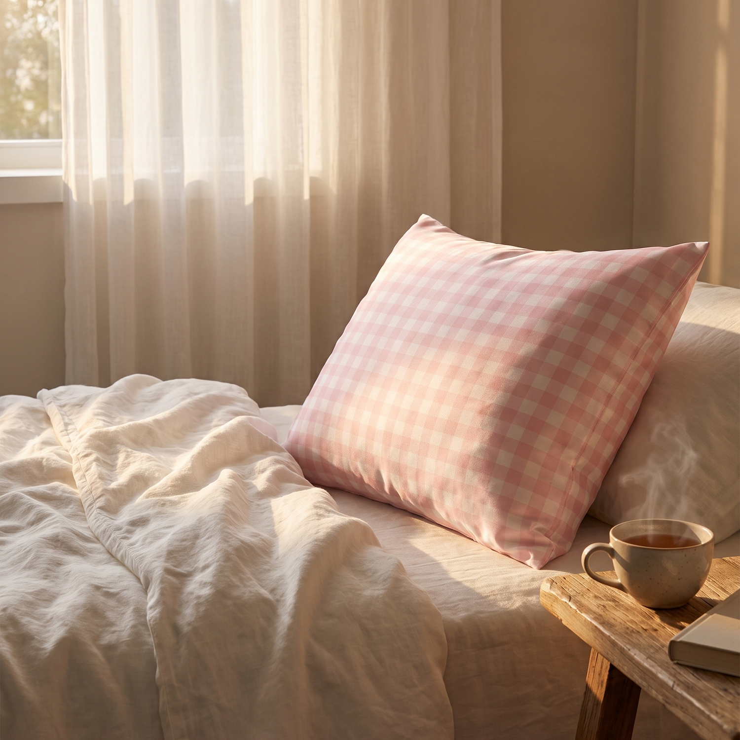 Taie d'oreiller en soie Lunéia rose vichy sur un lit en lin, tasse de thé sur la table de chevet