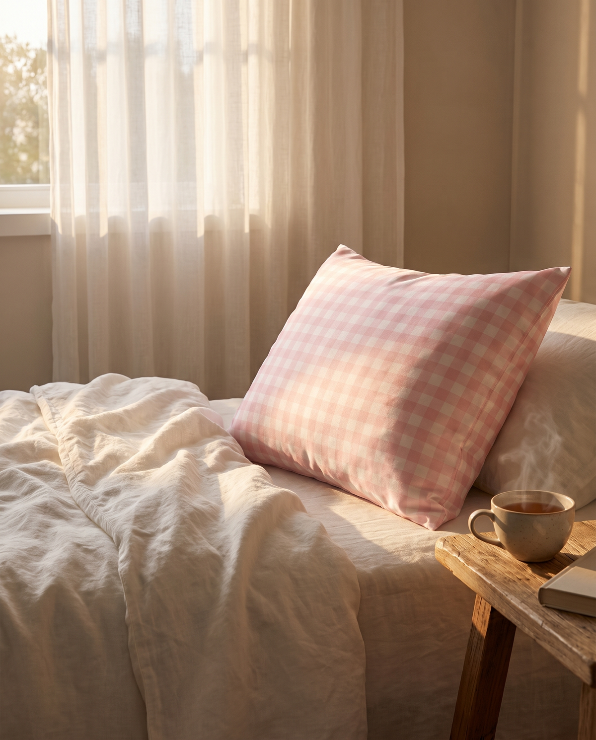 Taie d'oreiller en soie Lunéia rose vichy sur un lit en lin, tasse de thé sur la table de chevet