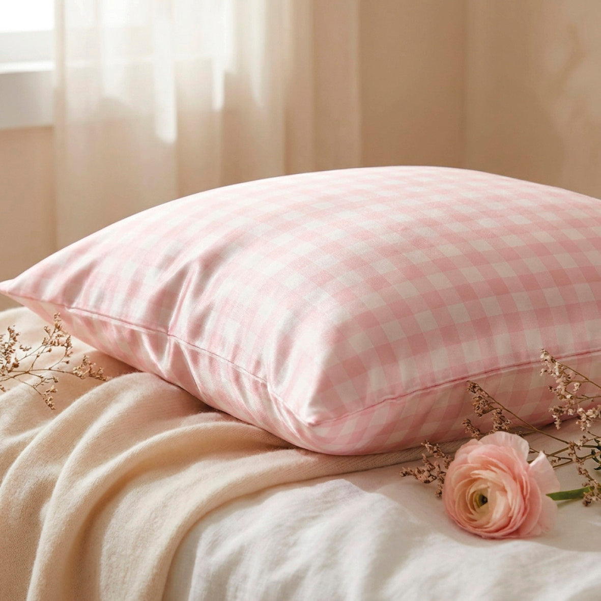 Taie d’oreiller en soie - Lunéia Rose vichy - TAIES