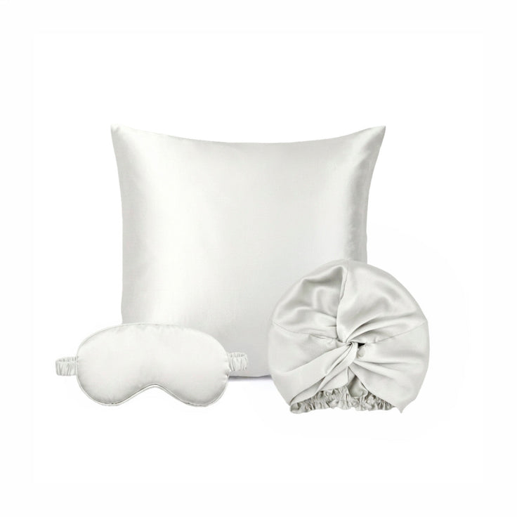 Taie d’oreiller + masque de nuit + bonnet de nuit en soie - Lunéia Blanc - PACK EN SOIE