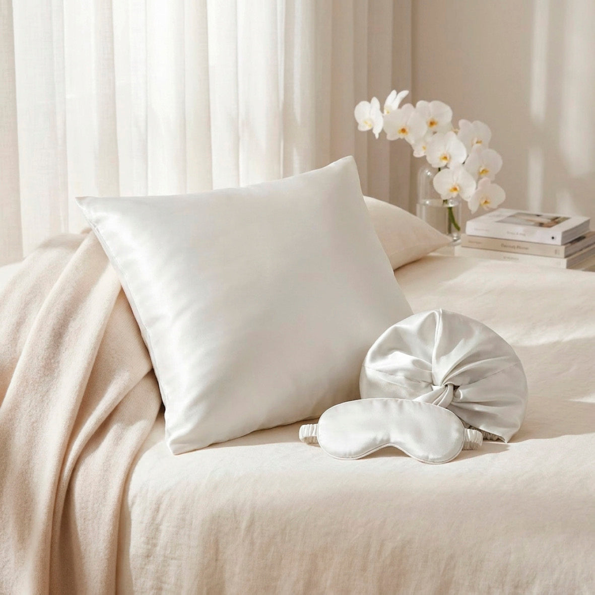 Taie d’oreiller + masque de nuit + bonnet de nuit en soie - Lunéia Blanc - PACK EN SOIE