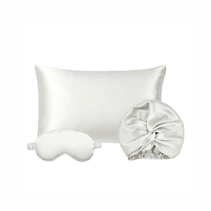 Taie d’oreiller + masque de nuit + bonnet de nuit en soie - Lunéia Blanc - PACK EN SOIE
