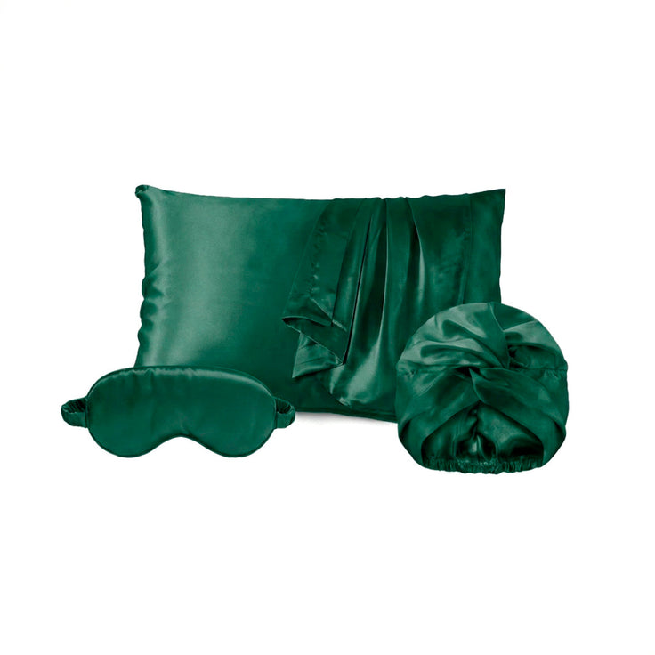Taie d’oreiller + masque de nuit + bonnet de nuit en soie - Lunéia Vert sauge - PACK EN SOIE