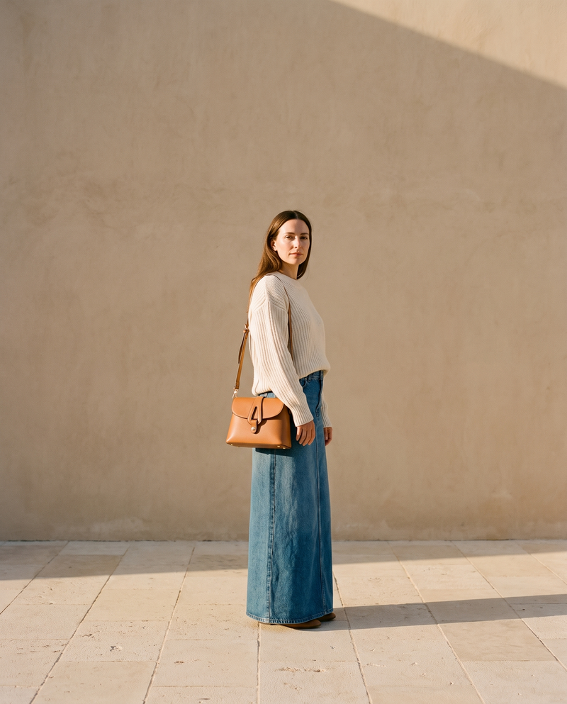 Sac THALIA cognac Maison André porté en bandoulière