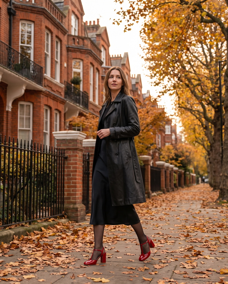 Escarpins THEOLINE rouges portés, femme marchant dans une rue de Londres en automne