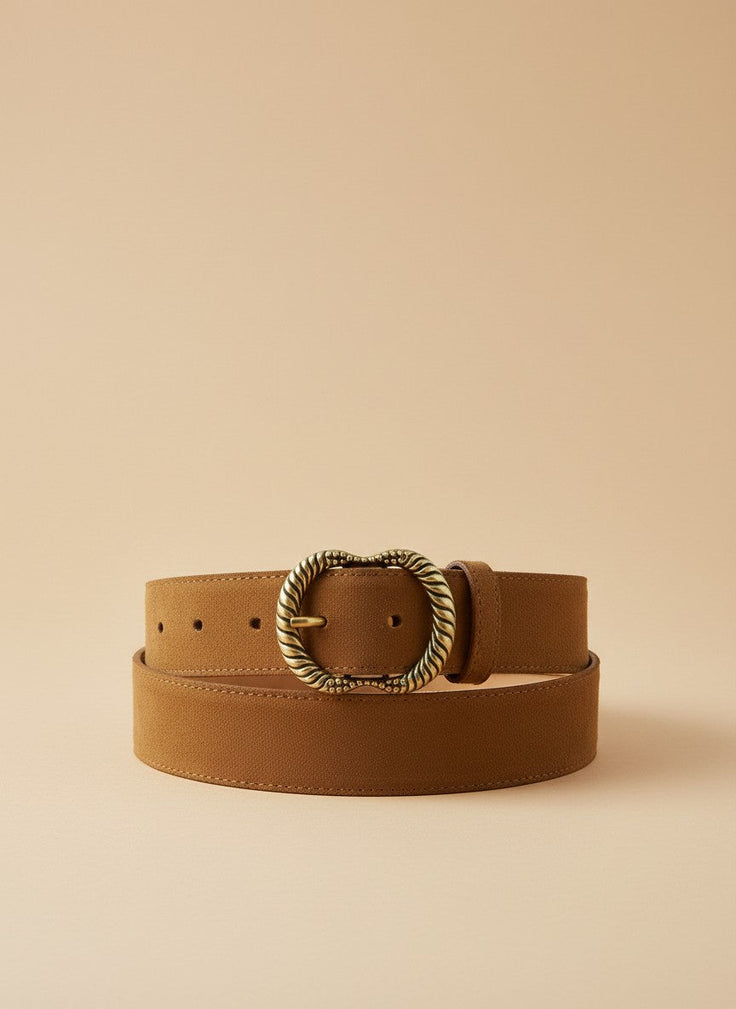 André Virina camel suede leather belt with ornate gold buckle, made in Italy.