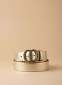 André Virina gold metallic leather belt with ornate gold buckle, made in Italy.