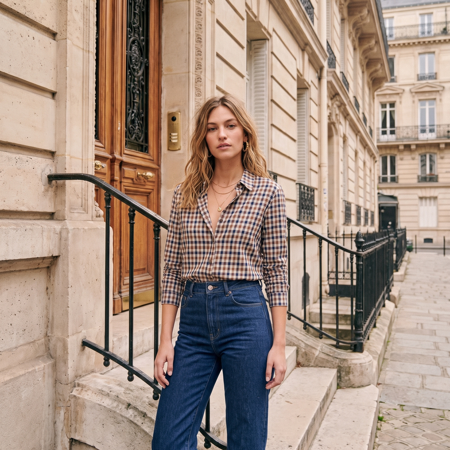 Chemise WINONA chocolat portée, rue haussmannienne