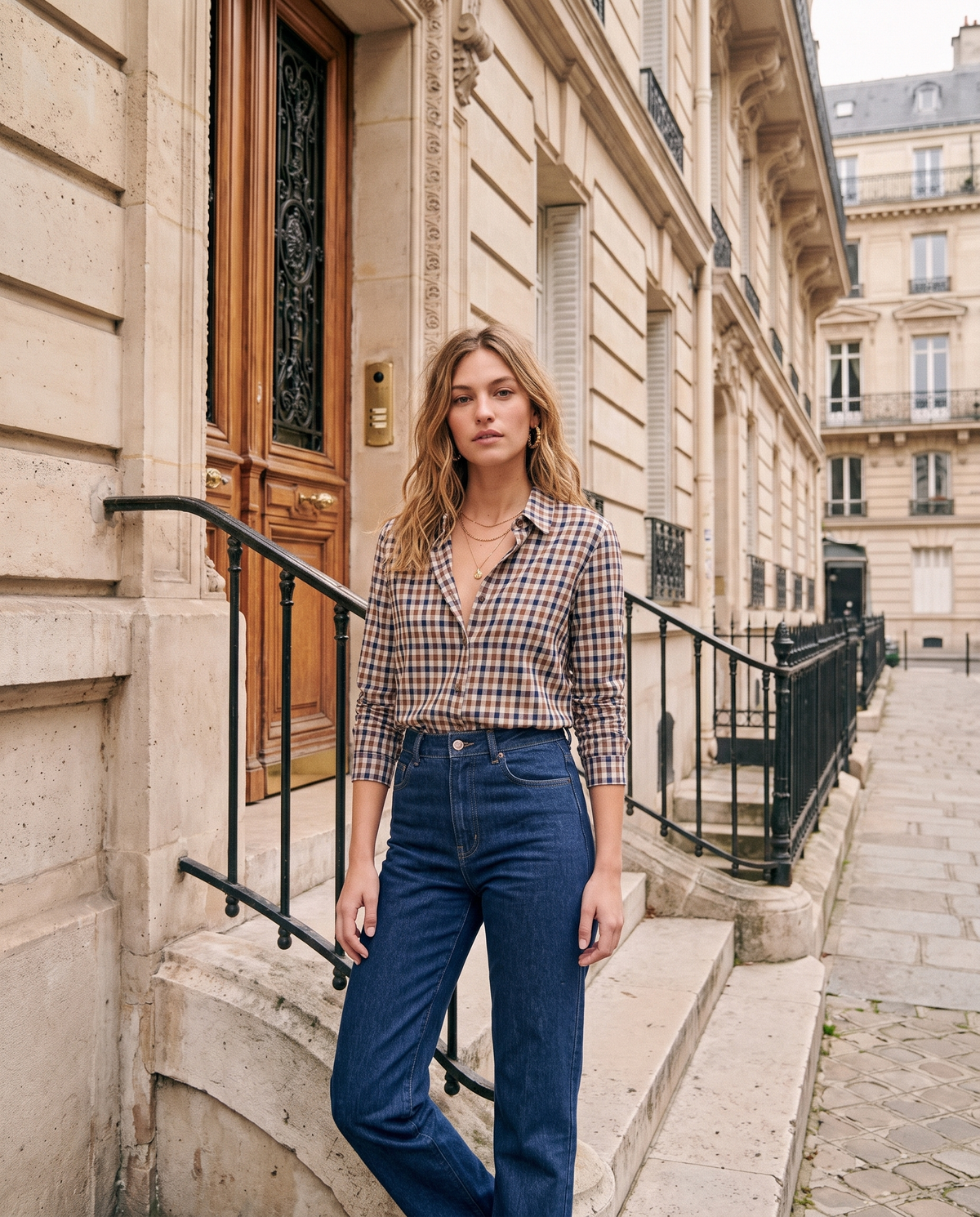 Chemise WINONA chocolat portée, rue haussmannienne