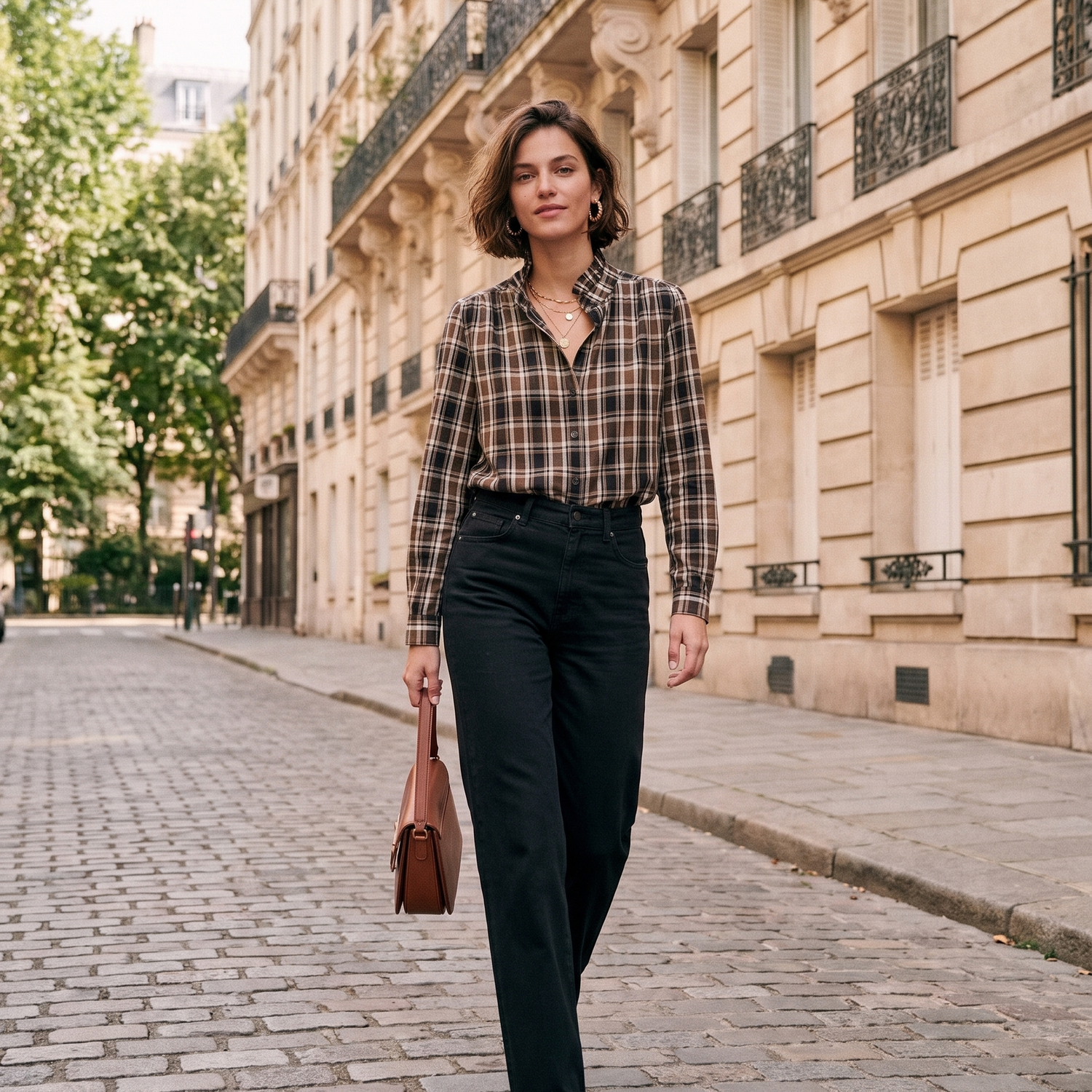 Chemise XARA marron portée, rue haussmannienne