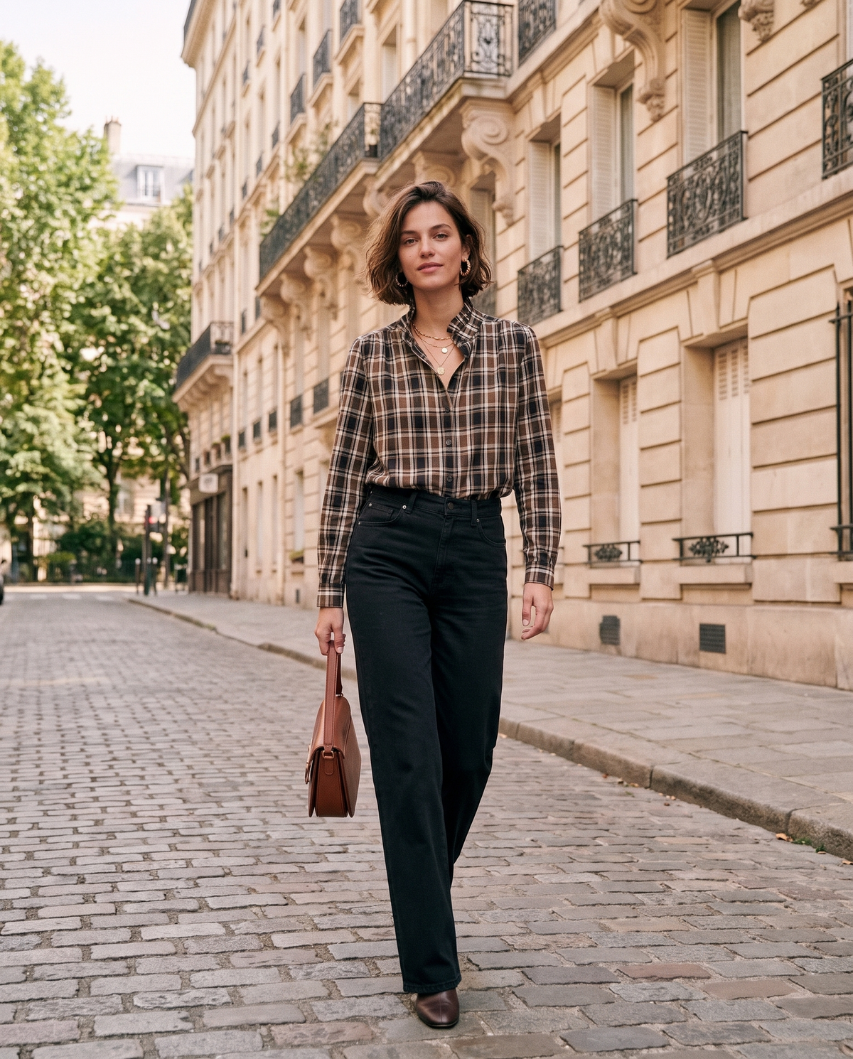 Chemise XARA marron portée, rue haussmannienne