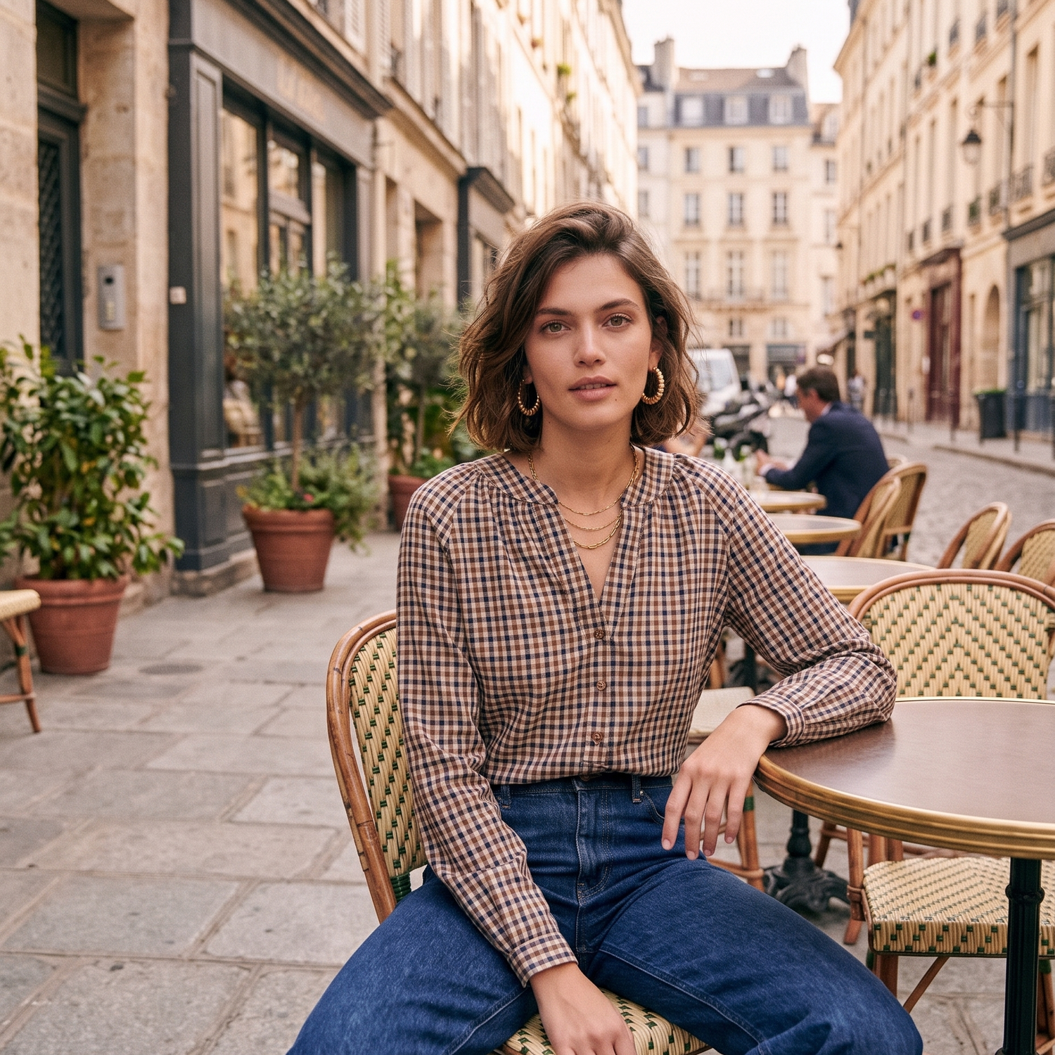 Chemise YOLANDE choco / marine portée, terrasse de café parisienne
