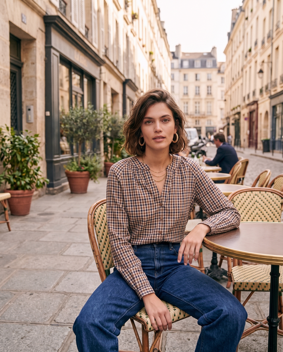 Chemise YOLANDE choco / marine portée, terrasse de café parisienne