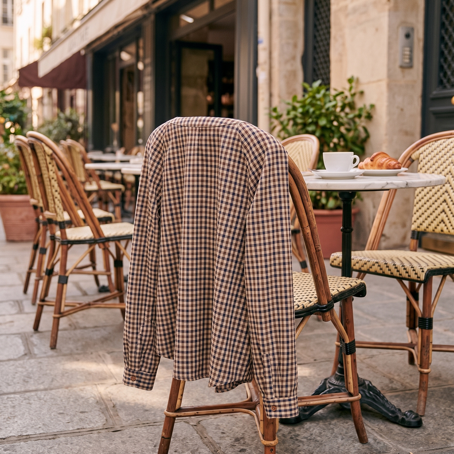 Chemise YOLANDE choco / marine posée sur une chaise de bistrot