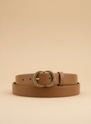 André Zestia taupe suede belt with ornate gold buckle. 100% genuine leather.